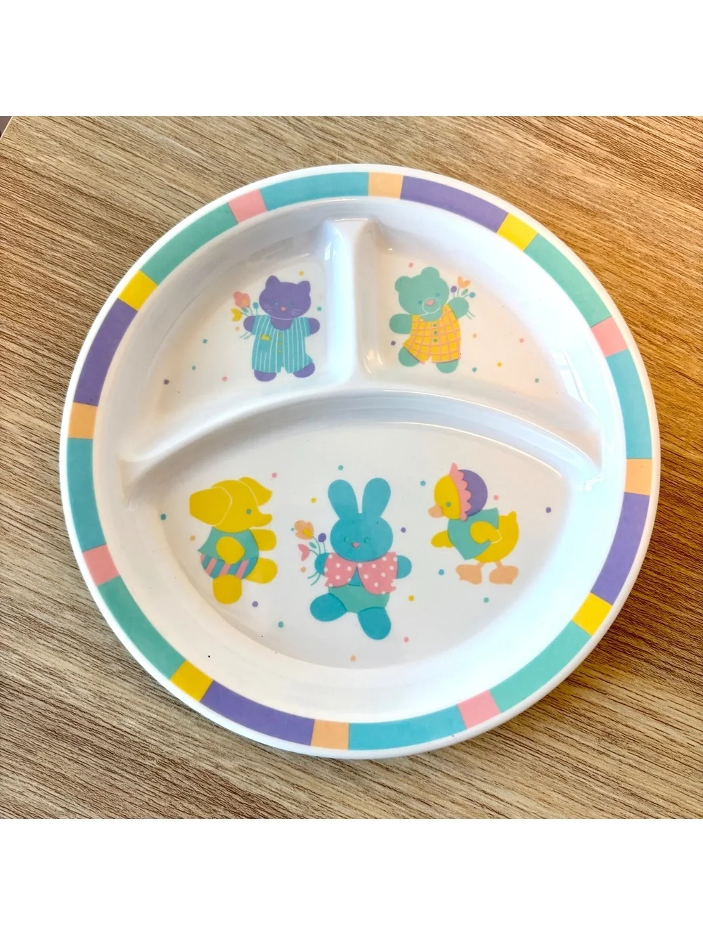 Vintage Hallmark Melamine Children’s Dish Set Bunny Pastel Divided Plate & Bowl